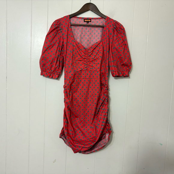 OOTO Red & Teal Polka Dot Ruched Puff Sleeve Dress Size M - Picture 1 of 8